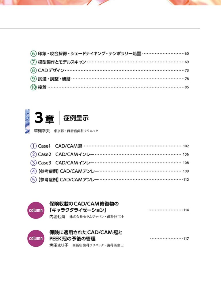 保険改定対応 CAD/CAM修復物入門　CAD/CAM冠、CAD/CAMインレー、PEEK冠導入ガイド　もくじ